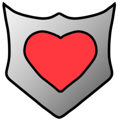 A silver shield with a bright pink heart on it